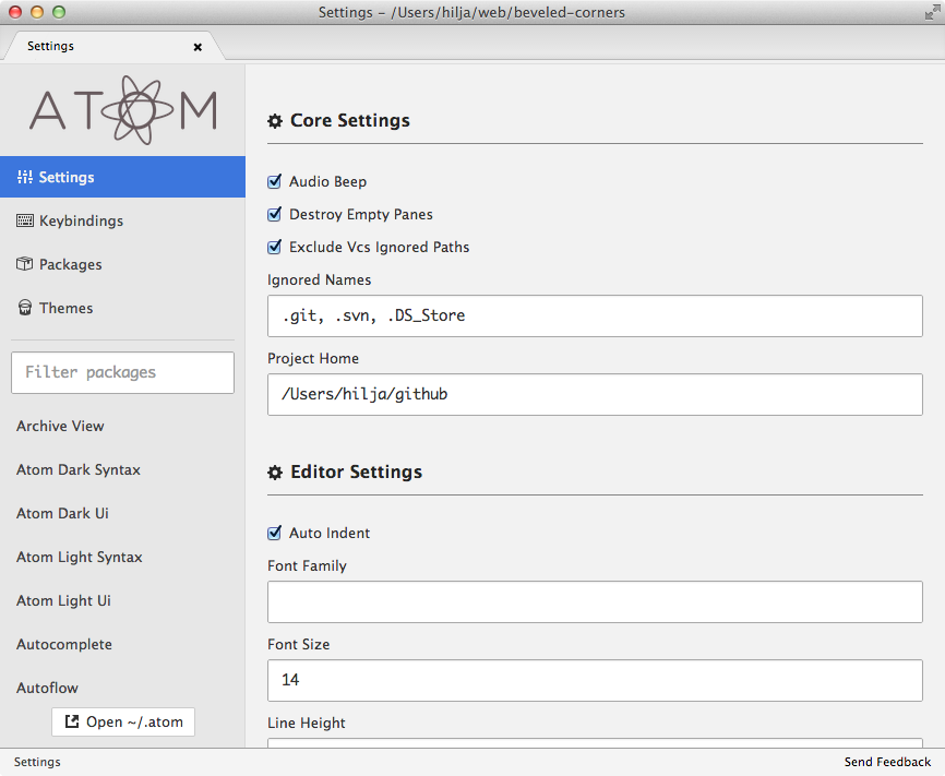GitHub Atom editor settings page