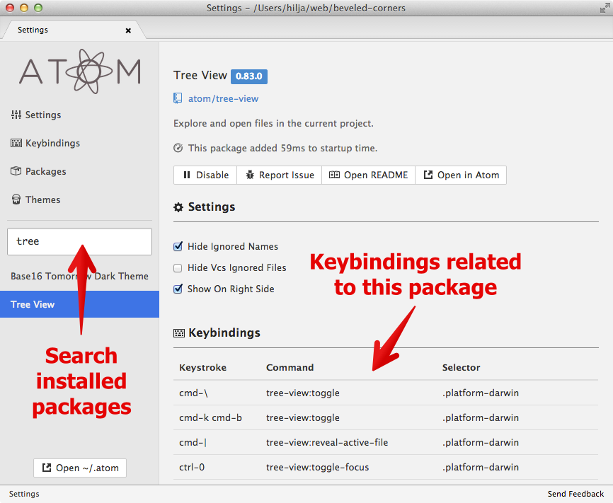 Atom editor settings view