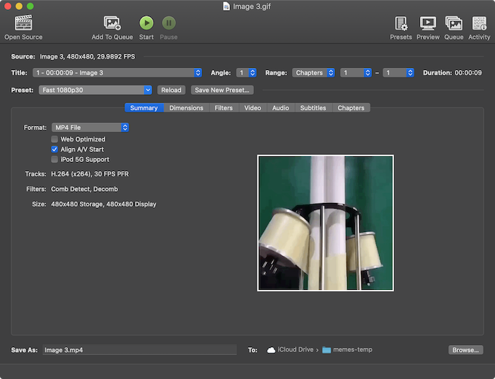 Screen shot of the HandBrake video format converting tool