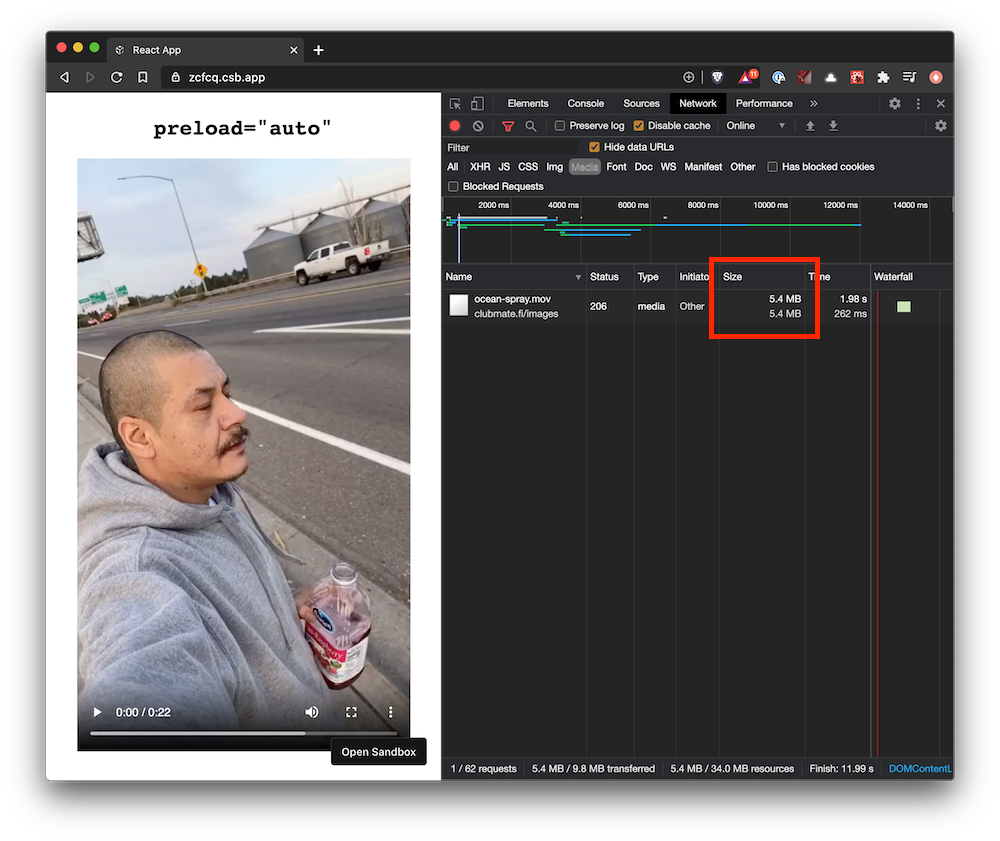 Screenshot of an html video with preload set to auto