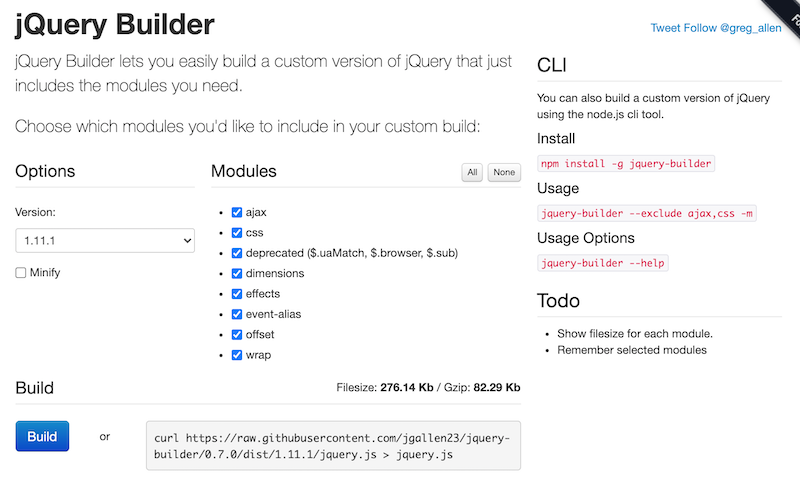 Screenshot of the jQuery builder GUI